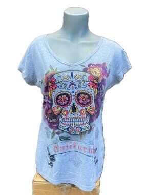 Sweet Gisele Grey Sugar Skull Studded T-Shirt California Medium